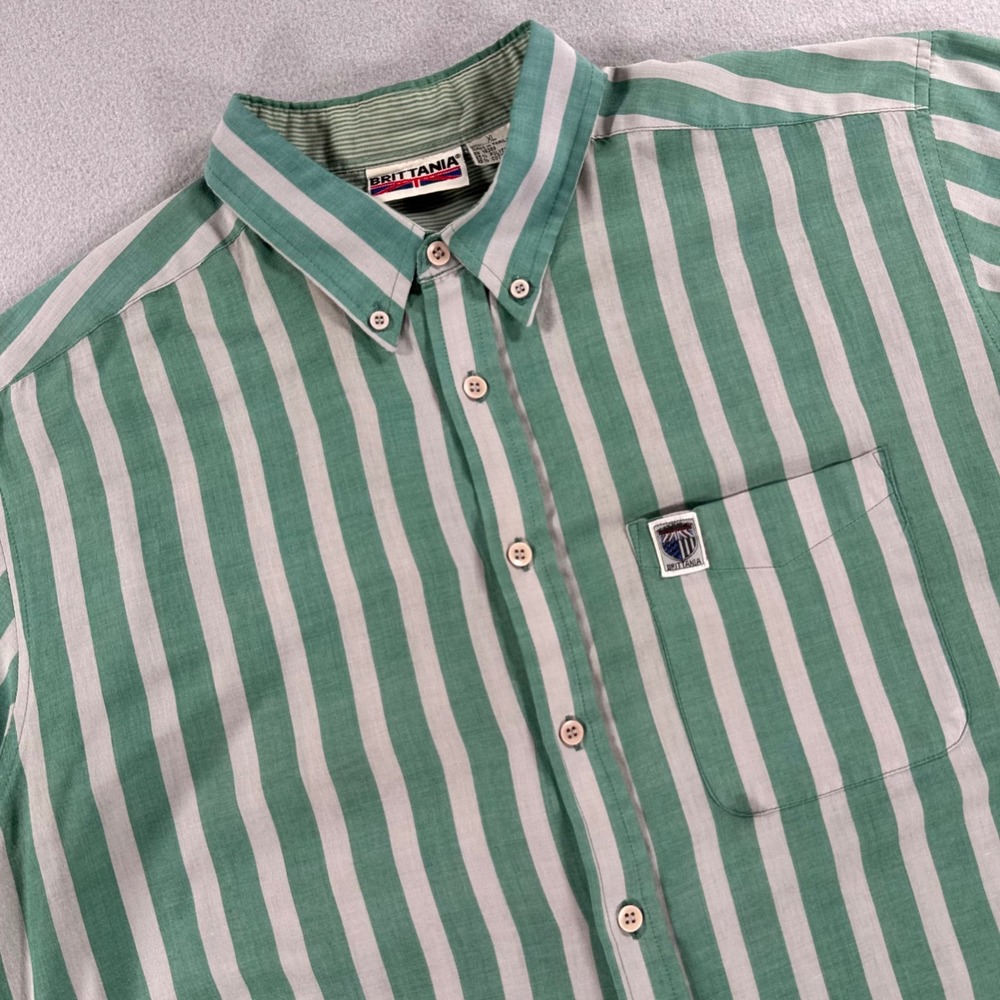Brittania Shirt XL Green Grey Striped Short Sleeve Button Down Pocket Mens